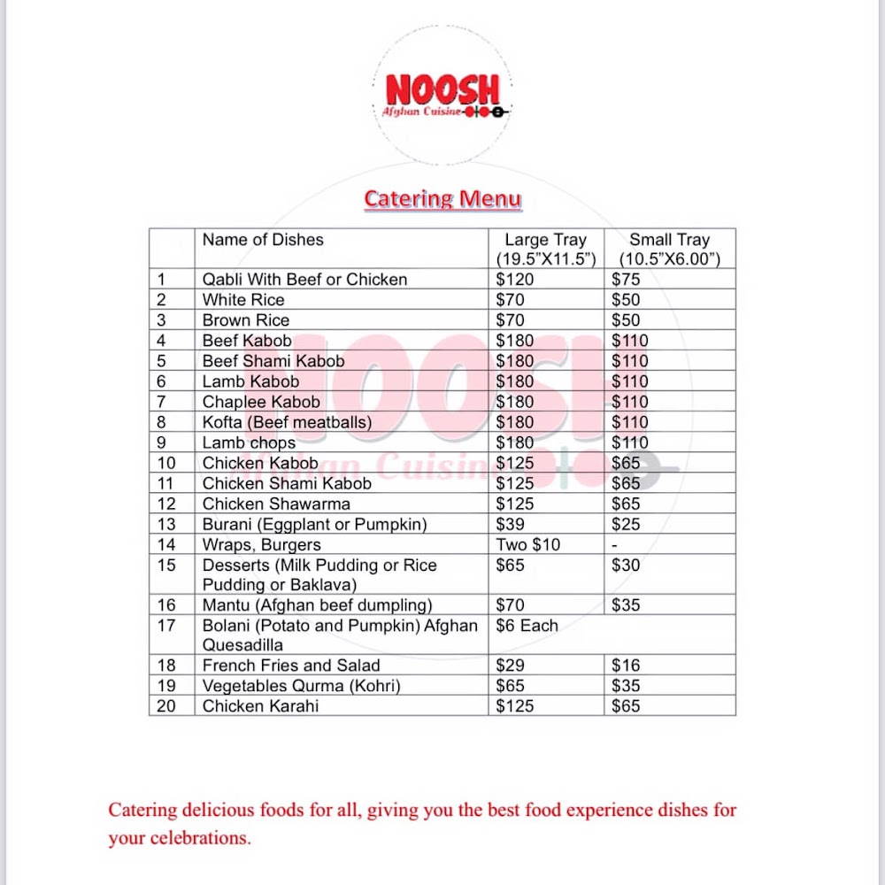 noosh afghan cuisine menu