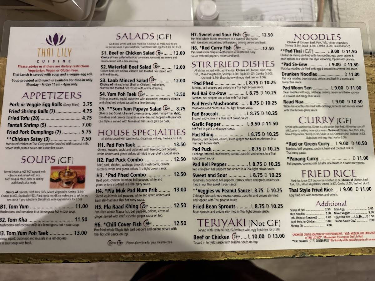 thai lily cuisine and yakitori 8 menu