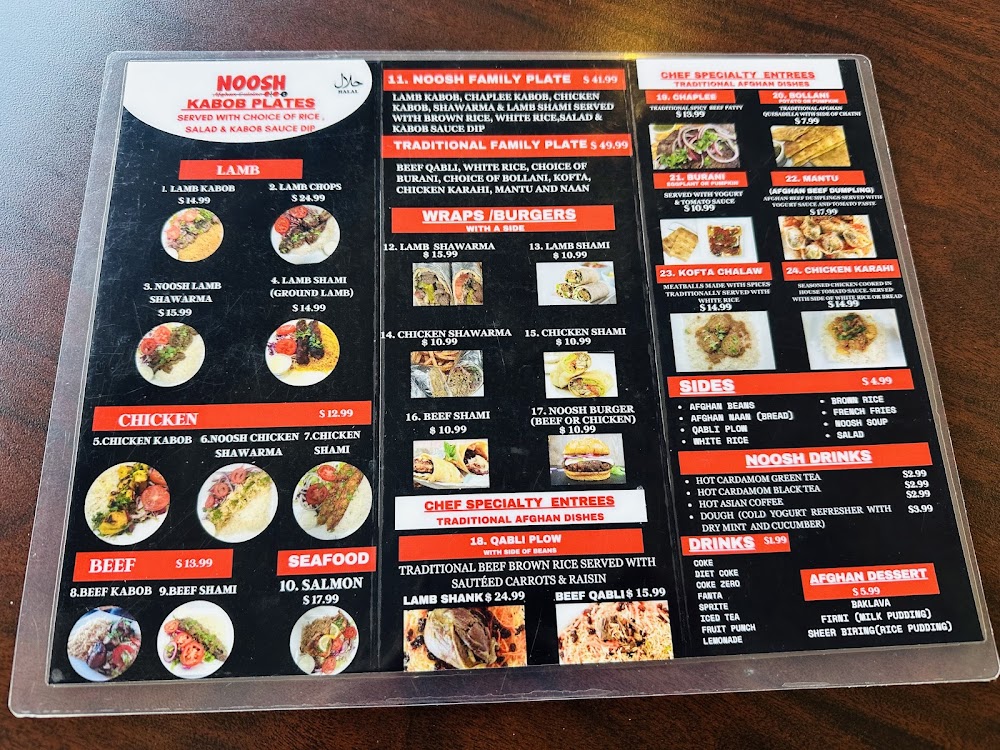 noosh afghan cuisine menu