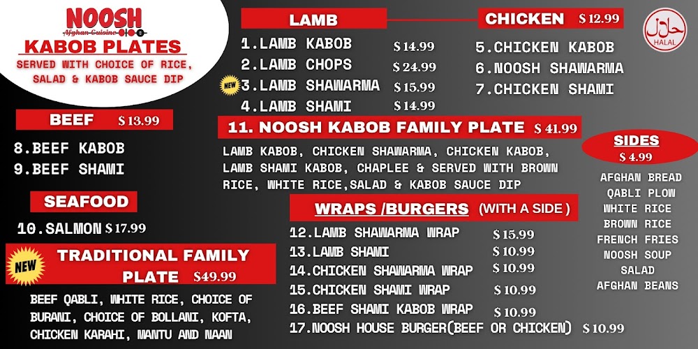 noosh afghan cuisine menu