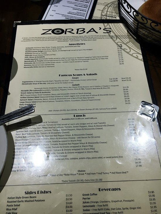 zorbas greek italian cuisine menu