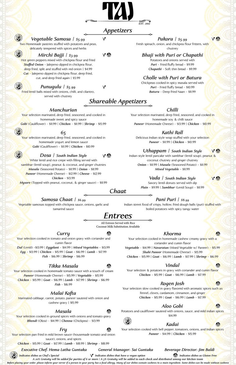 taj indian cuisine hickory menu