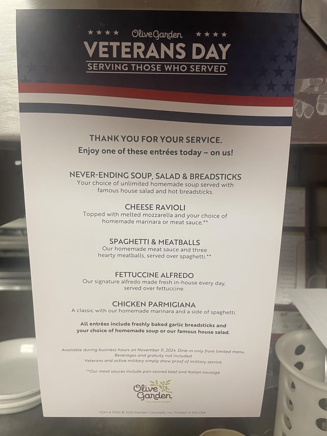 veterans day meal at olive garden